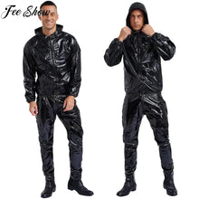 Load image into Gallery viewer, Mens Womens PVC Sauna Suit Long Sleeve Drawstring Hooded Jacket Tops+Pants Sets