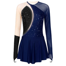 Load image into Gallery viewer, Women Long Sleeve Figure Ice Skating Sparkling Rhinestone Sheer Mesh