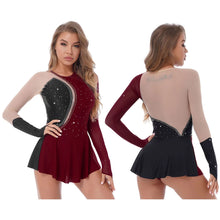 Load image into Gallery viewer, Women Long Sleeve Figure Ice Skating Sparkling Rhinestone Sheer Mesh
