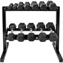 Load image into Gallery viewer, Rubber Coated Hex Dumbbell Set with Two Tier Premium Storage Rack