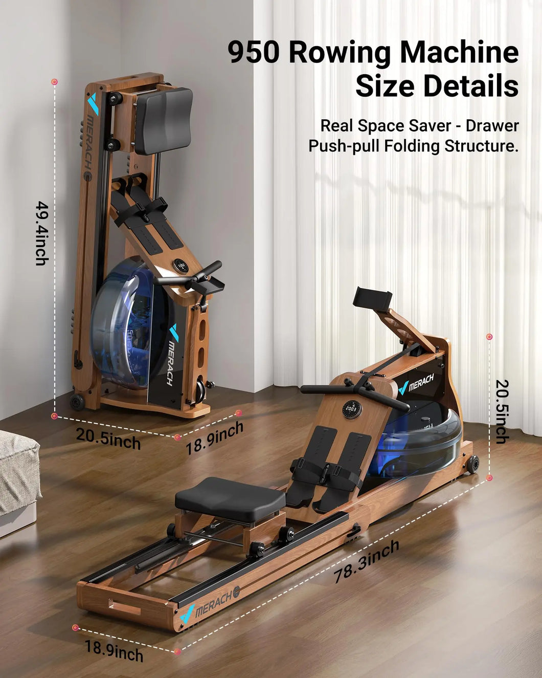 MERACH Rowing Machine Foldable Wooden Water Electromagnetic Rower