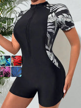Load image into Gallery viewer, One Piece Floral Swimwear Swim Suit Women Short Sleeve Swimsuit Zip Front Tropical Plant Surfing
