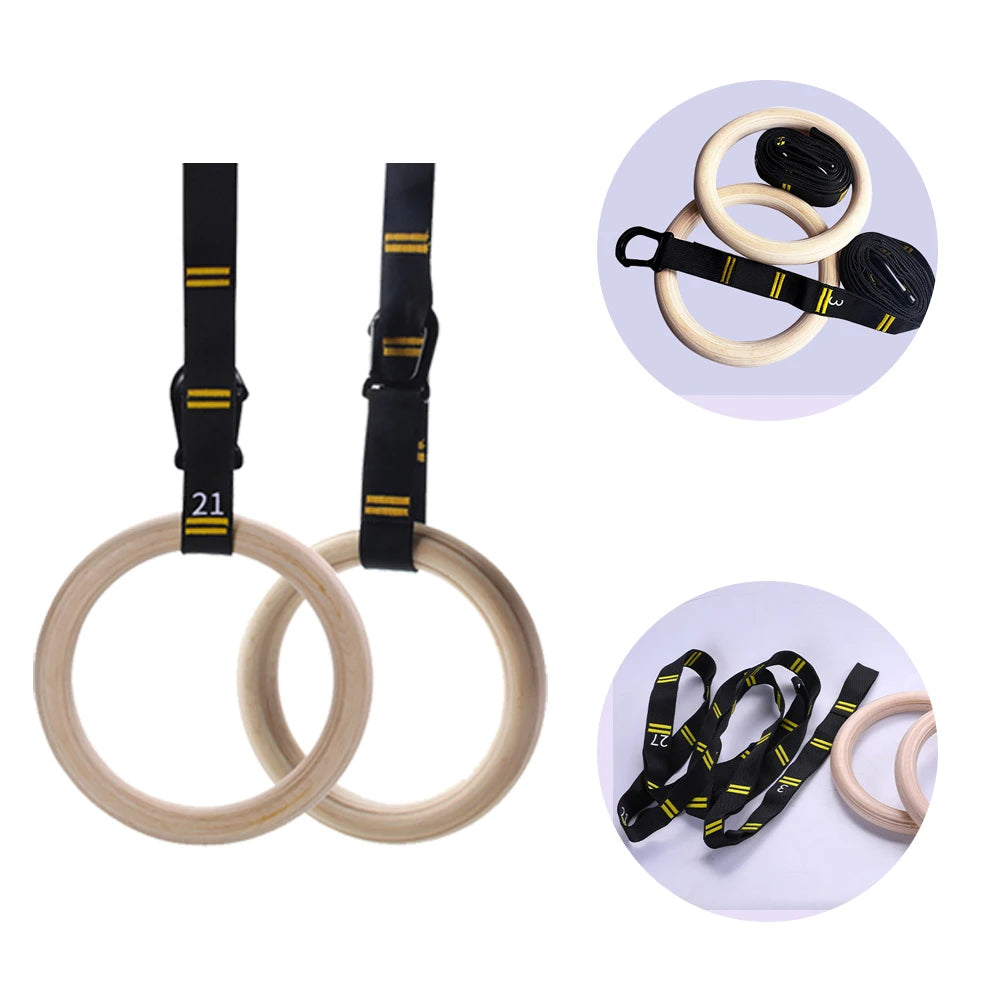 Wood Gymnastics Rings with Adjustable Straps Pull Up Gym Rings