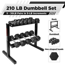 Load image into Gallery viewer, Rubber Coated Hex Dumbbell Set with Two Tier Premium Storage Rack
