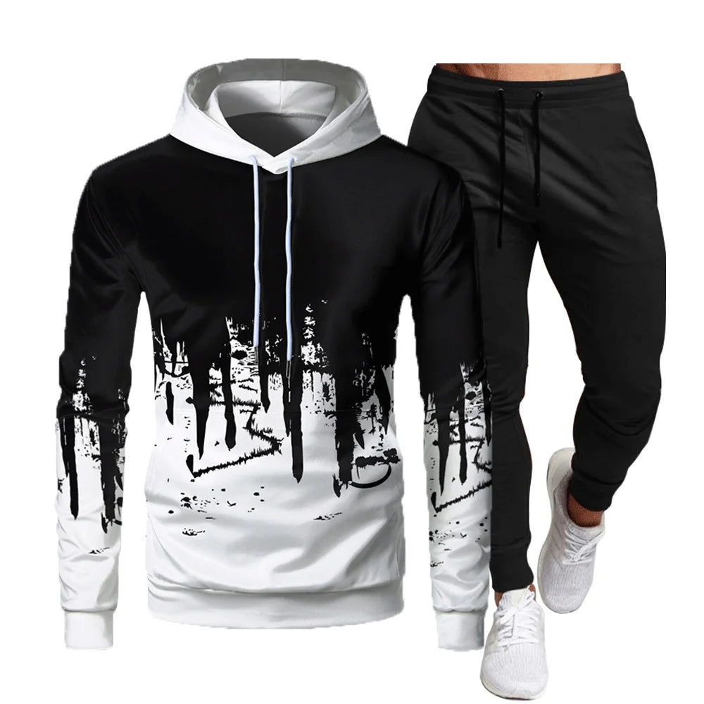 2024 Spring and Autumn New Men's Inkjet Printed Hoodie and Pants