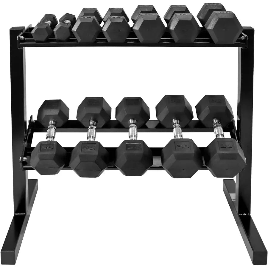 Rubber Coated Hex Dumbbell Set with Two Tier Premium Storage Rack