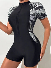 Load image into Gallery viewer, One Piece Floral Swimwear Swim Suit Women Short Sleeve Swimsuit Zip Front Tropical Plant Surfing
