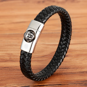 Classic Buddha Head Religious Men&#39;s Stainless Steel Leather Bracelet - owens-gym