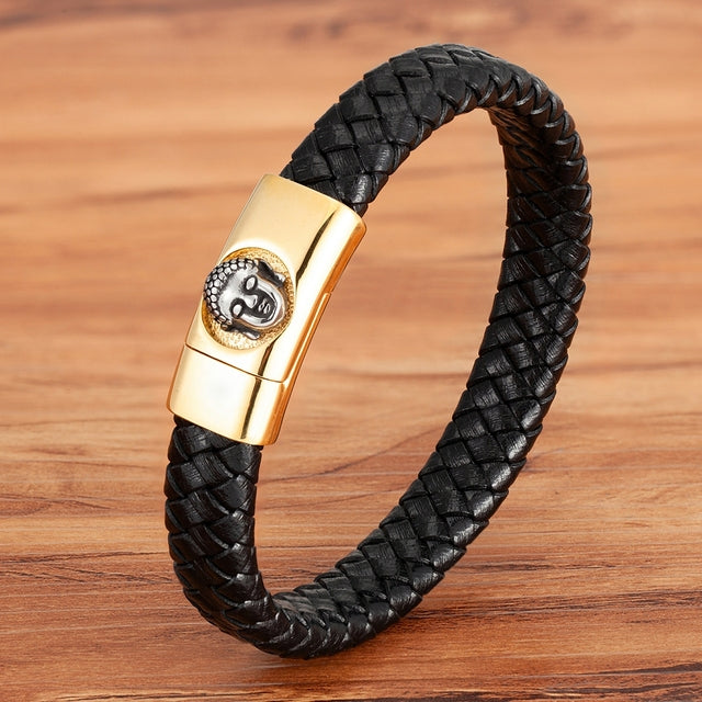 Classic Buddha Head Religious Men's Stainless Steel Leather Bracelet - owens-gym